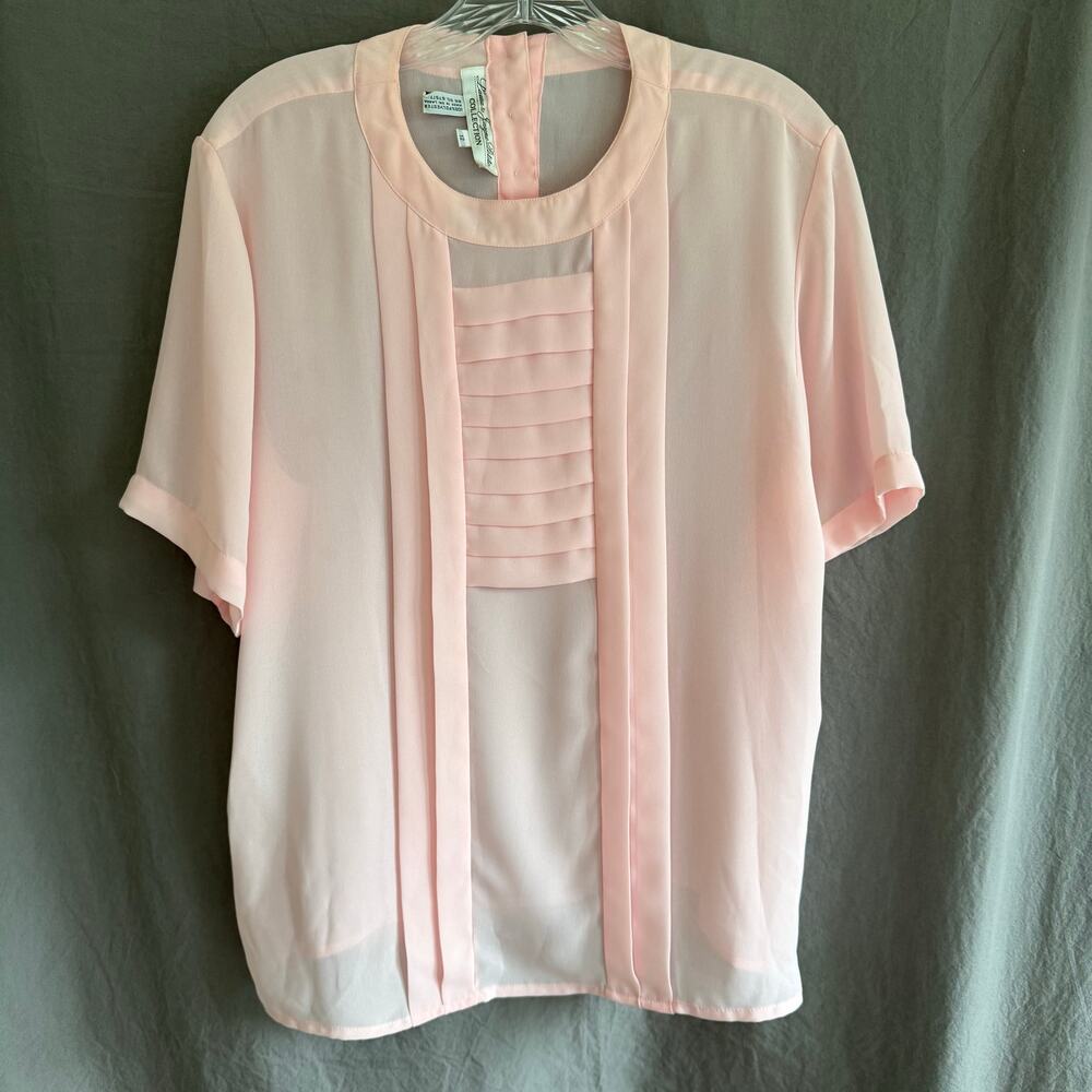 Vintage 80s Pink Sheer Blouse Laura & Jayne Petite Pleated Front Size 12‎